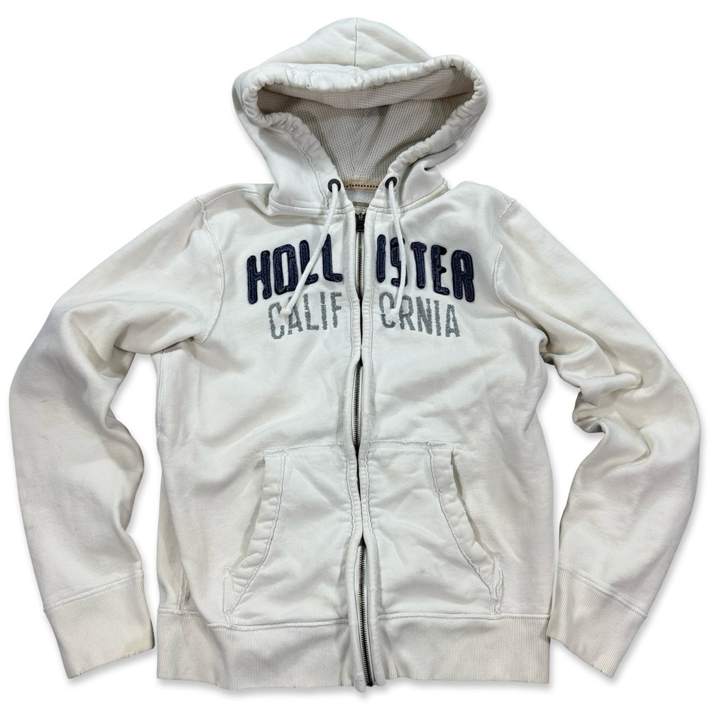 Hollister Men's White Zip-Up Hoodie - California Logo